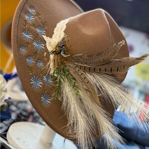 Embroidered Brown Hat with Feather Detail